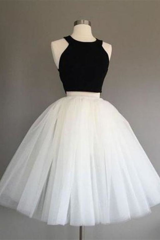 Two Piece Knee Length Ivory Tulle Dress with Black Top Simple Cheap Prom Dresses - Prom Dresses