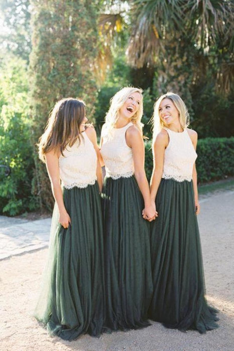 Two Piece Lace Bodice Tulle Skirt A Line Custom Bridesmaid Dress - Bridesmaid Dresses
