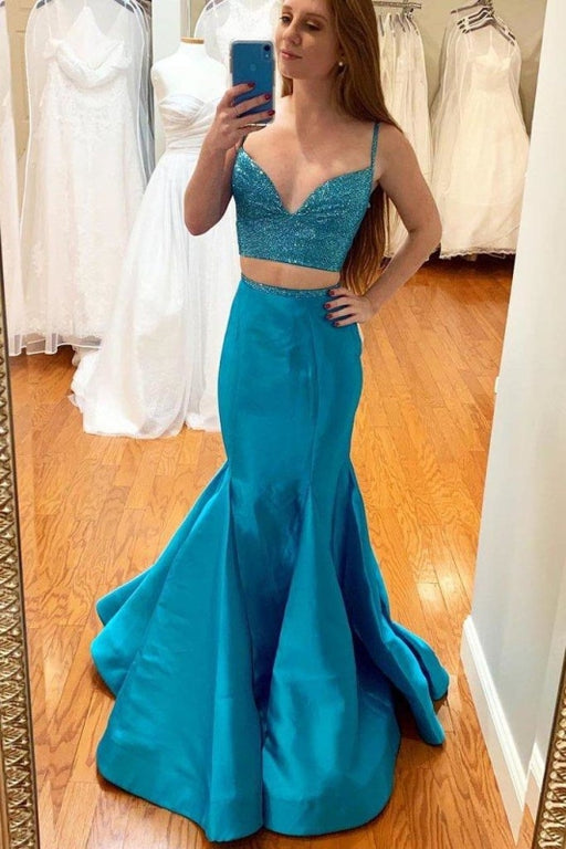 Two Piece Light Blue Mermaid Prom Simple Spaghetti Strap Satin Formal Dress - Prom Dresses