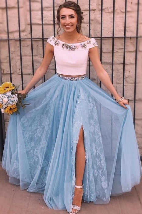Two Piece Light Sky Blue Off Shoulder Split Lace Tulle Prom Dress with Beading - Prom Dresses
