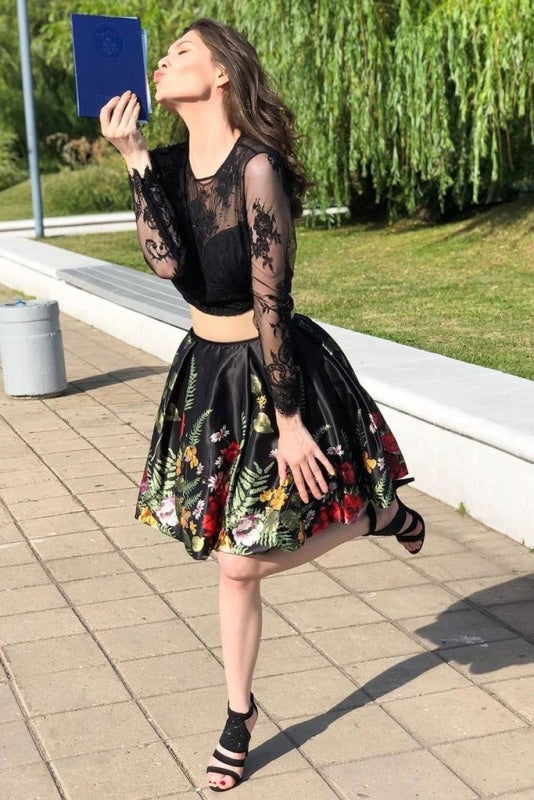 Two Piece Long Sleeve Flower Homecoming Dress with Lace Short Graduation Dresses - Prom Dresses