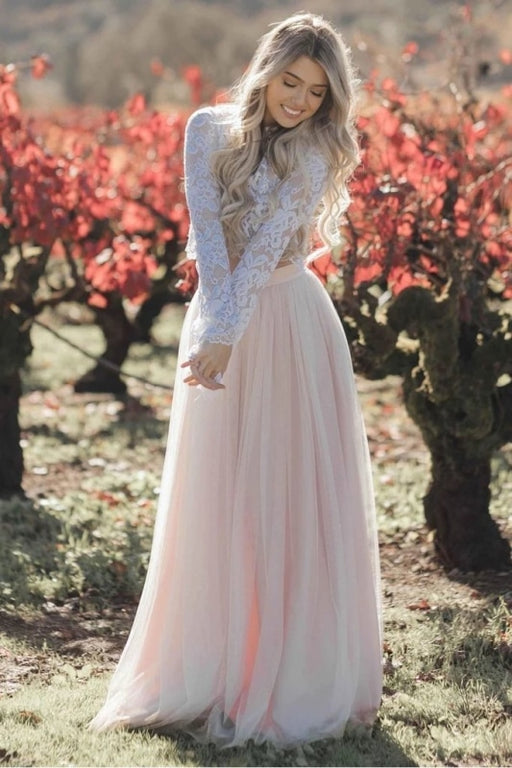 Two Piece Long Sleeves Lace Blush Pink Boho Beach Wedding Dress - Wedding Dresses