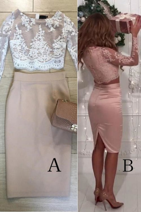 Two Piece Long Sleeves Lace Knee Length Homecoming Sheath Prom Dress - Prom Dresses