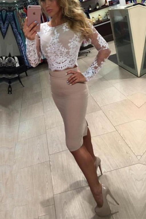 Two Piece Long Sleeves Lace Knee Length Homecoming Sheath Prom Dress - Prom Dresses
