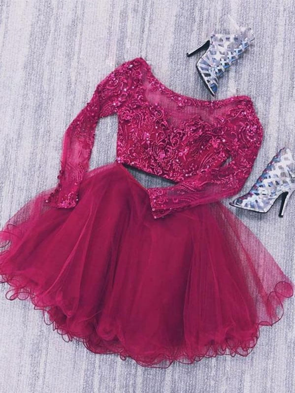 Two Piece Long Sleeves Tulle Short Prom Dresses - Bridelily