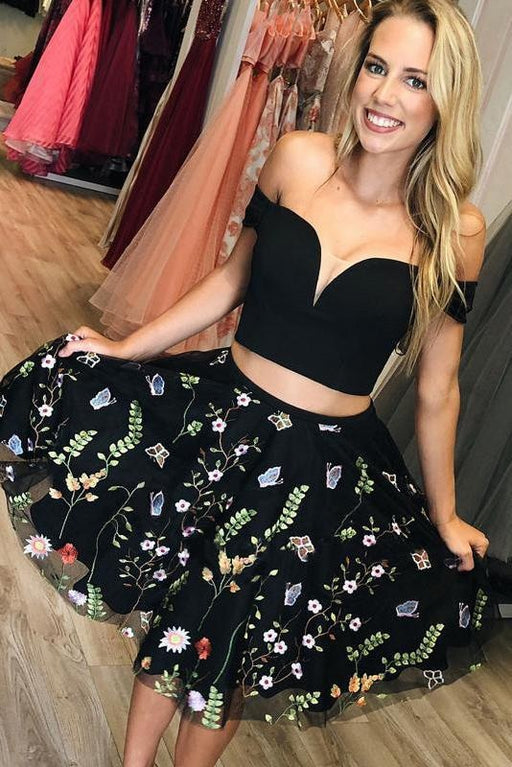 Two Piece Off Shoulder Homecoming Dresses with Flowers Knee Length Black Dress - Prom Dresses