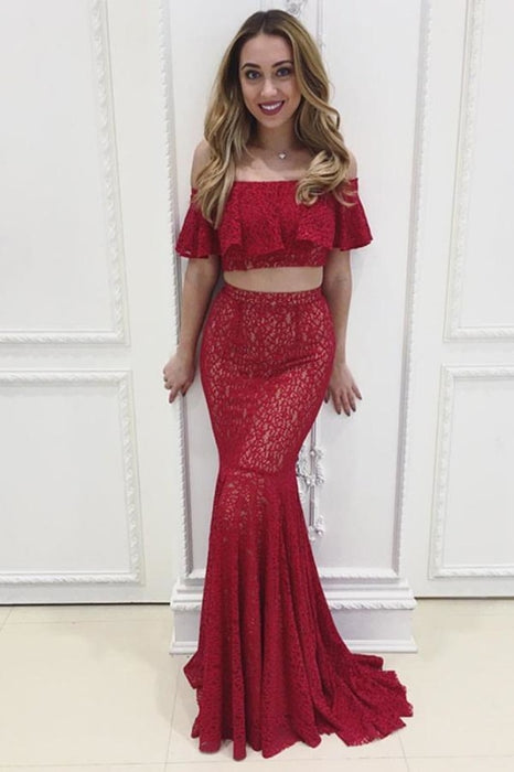 Two Piece Off-the-Shoulder Burgundy Prom with Ruffles Lace Formal Dress - Prom Dresses