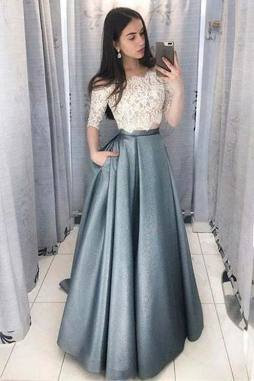 Two Piece Off-the-Shoulder Half Sleeves Satin Prom Dress with Lace Top - Prom Dresses