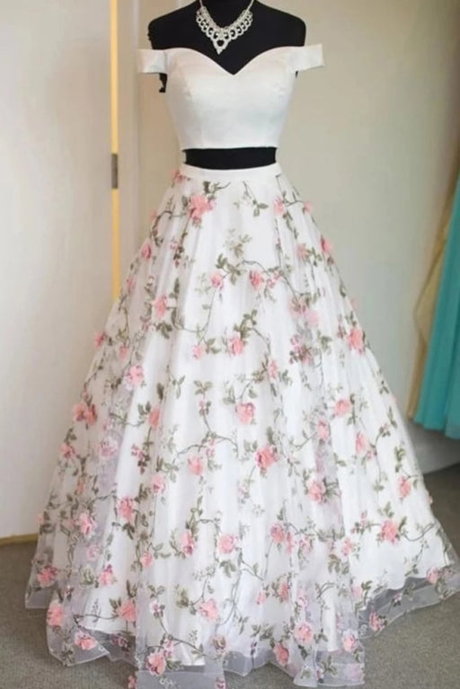 Two Piece Off the Shoulder Lace Prom Dresses Charming Long Graduation Dress - Prom Dresses