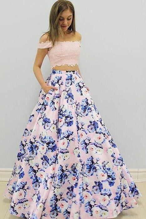 Two Piece Off the Shoulder Pink Floral Long Prom Gown A-line Formal Dresses with Lace - Prom Dresses
