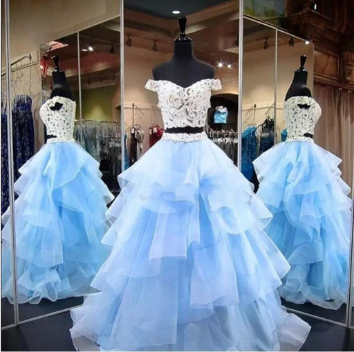 Two Piece Off-the-Shoulder Tiered Blue Tulle Long Prom Dress with Lace - Prom Dresses