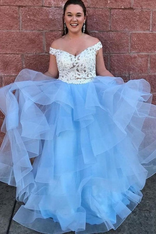 Two Piece Off-the-Shoulder Tiered Blue Tulle Long Prom Dress with Lace - Prom Dresses