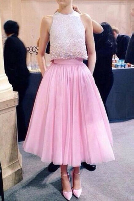 Two Piece Pink Jewel Tea Length Homecoming A Line Sleeveless Tulle Dress - Prom Dresses