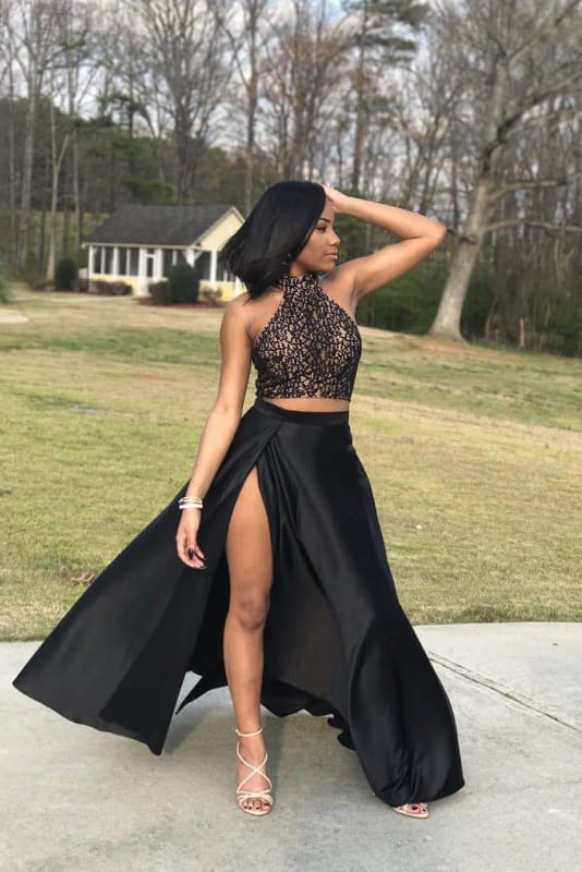 Halter Two Piece Lace Prom Dress Floor Length | Bridelily Halter Two Piece Lace Prom Dress Floor Length | Bridelily