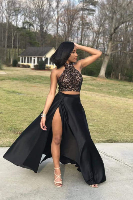 Halter Two Piece Lace Prom Dress Floor Length | Bridelily Halter Two Piece Lace Prom Dress Floor Length | Bridelily