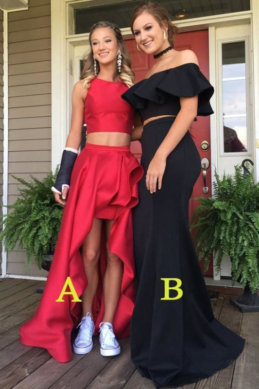 Two Piece Red Jewel Long Prom Dress Black Mermaid Off the Shoulder Evening Gown - Prom Dresses