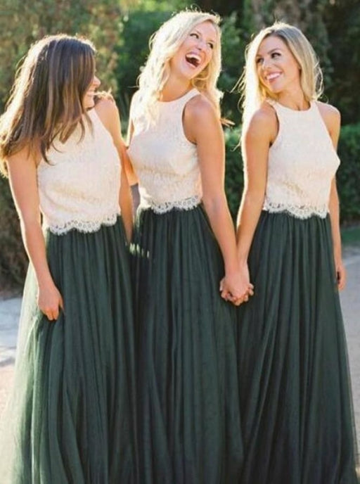 Two Piece Round Neck Dark Green Tulle Bridesmaid Dress - Bridesmaid Dresses