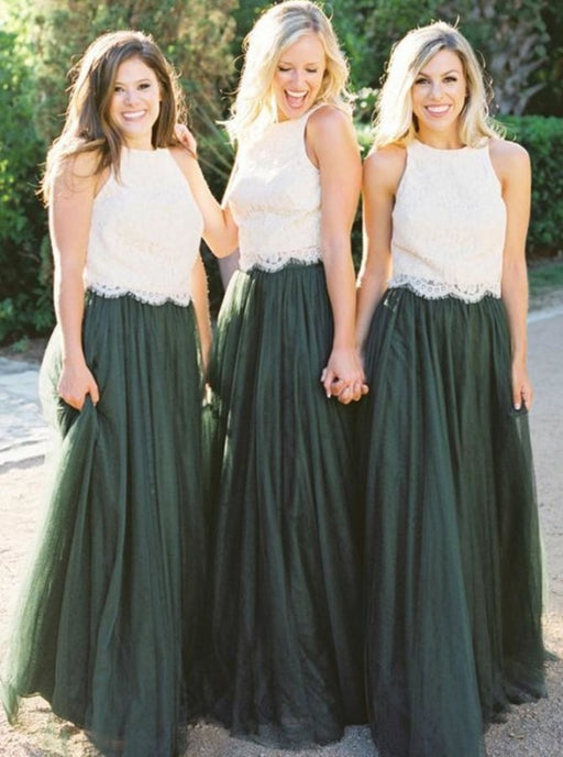 Two Piece Round Neck Dark Green Tulle Bridesmaid Dress - Bridesmaid Dresses