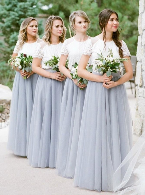Two Piece Round Neck Grey Tulle Bridesmaid Dress - Bridesmaid Dresses