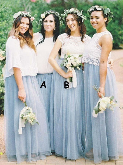Two Piece Round Neck Half Sleeves Blue Tulle Bridesmaid Dress - Bridesmaid Dresses