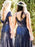 Two Piece Round Neck Navy Blue Sequined Long Bridesmaid Dress - Bridesmaid Dresses