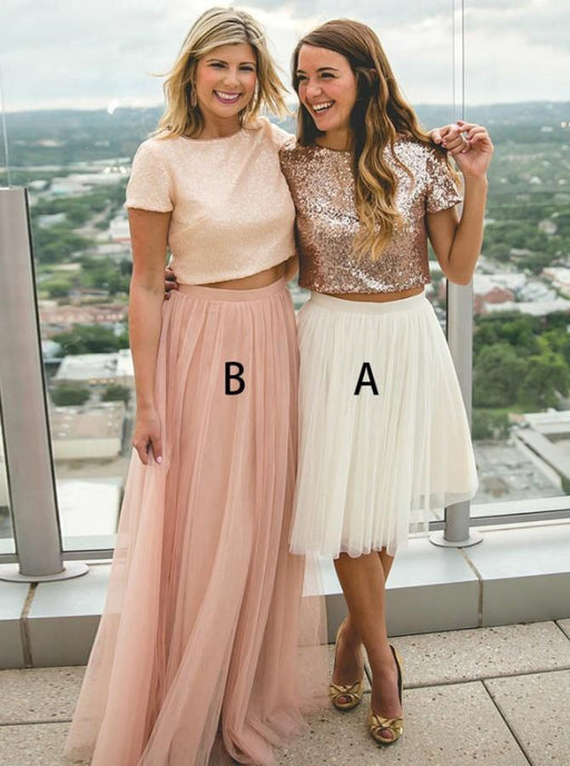 Two Piece Round Neck Rose Gold Tulle Bridesmaid Dress - Bridesmaid Dresses