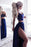 Two Piece Royal Blue Straps Split V-neck Prom with Lace Sexy Long Party Dresses - Prom Dresses