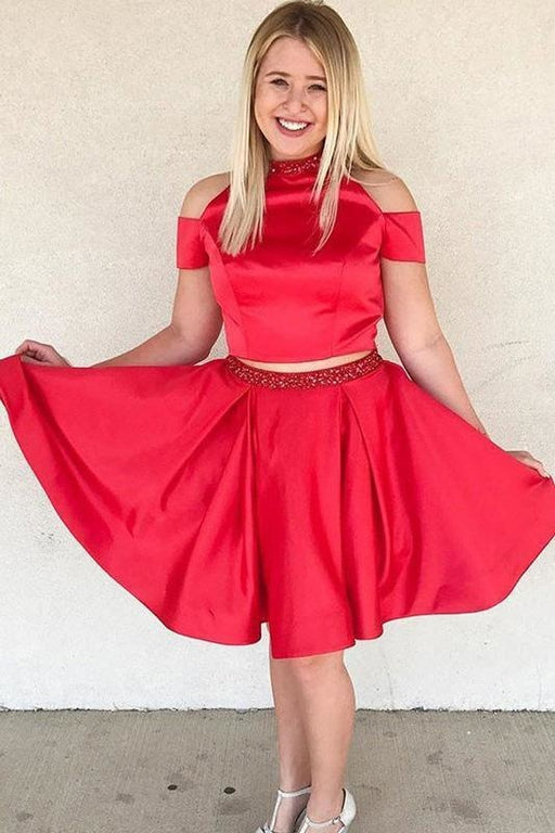 Two Piece Satin Homecoming Dress with Beading Cute Red Short Prom Dresses - Prom Dresses