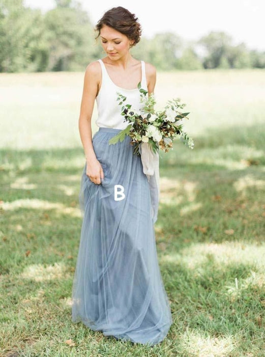 Two Piece Scoop Sweep Train Light Blue Tulle Bridesmaid Dress - Bridesmaid Dresses