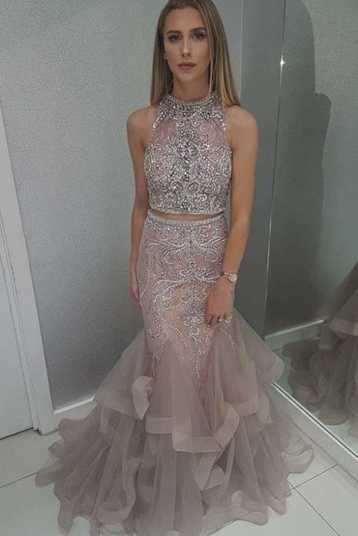 Two Piece Sleeveless Prom with Beading Floor Length Tulle Evening Dress - Prom Dresses