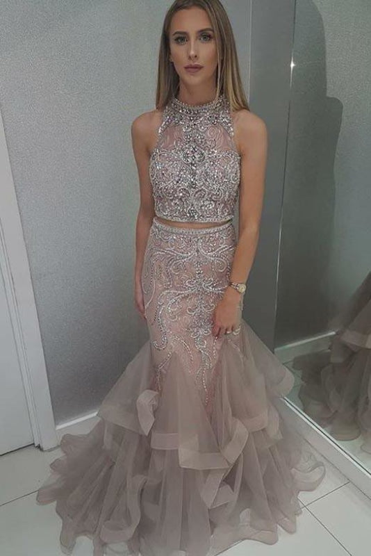 Two Piece Sleeveless Prom with Beading Floor Length Tulle Evening Dress - Prom Dresses