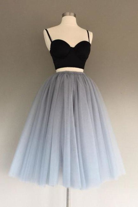 Two Piece Spaghetti Straps A-Line Gray Homecoming Dress Sweetheart Tulle Prom Dresses - Prom Dresses