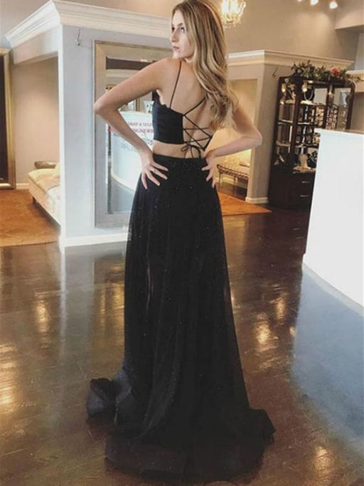 Two Piece tti Straps Mermaid Cross Back Satin Black Long Prom Dresses, 2 Pieces Black Formal Dresses, Black Graduation Dresses