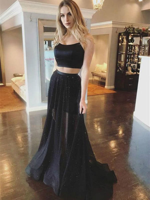 Two Piece tti Straps Mermaid Cross Back Satin Black Long Prom Dresses, 2 Pieces Black Formal Dresses, Black Graduation Dresses