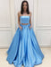 Two Piece Strapless Blue Satin Long Prom Dresses with Beading Pockets, Blue Formal Dresses, Two Pieces Blue Evening Dresses