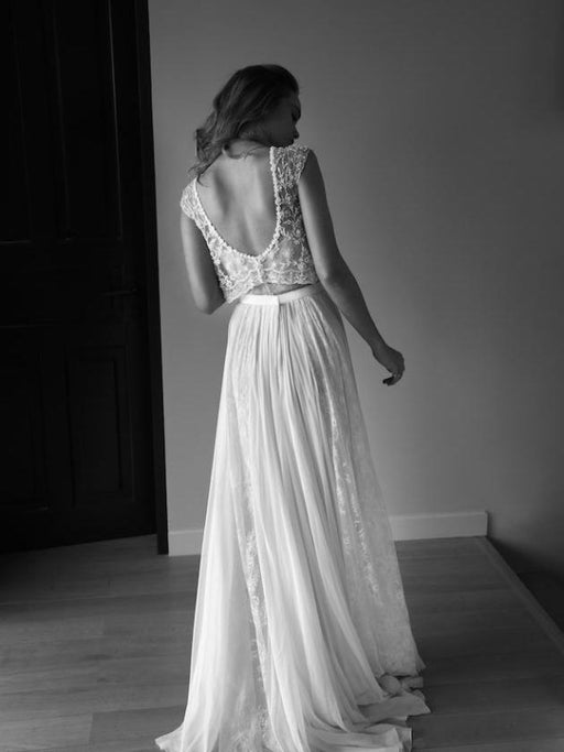 Two Piece Sweetheart Low Back Pearls Beading A-Line Wedding Dresses - wedding dresses
