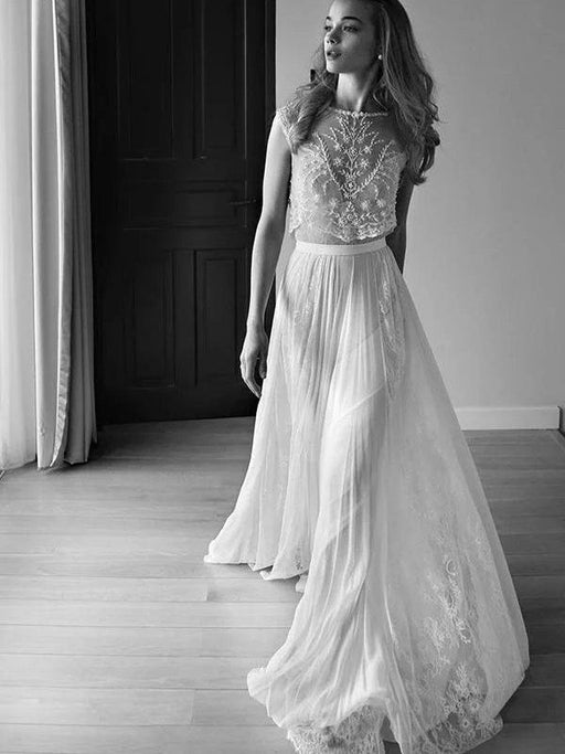 Two Piece Sweetheart Low Back Pearls Beading A-Line Wedding Dresses - White / Floor Length - wedding dresses