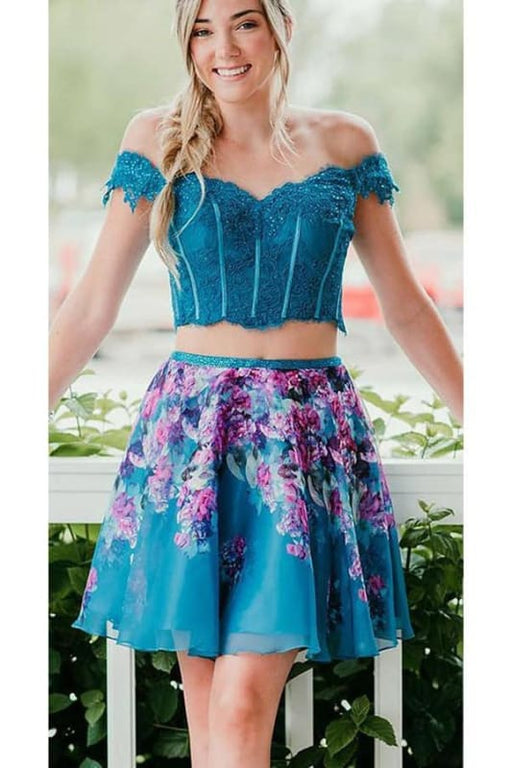 Two Piece Turquoise Off Shoulder Beading Lace Floral Homecoming Dresses - Prom Dresses