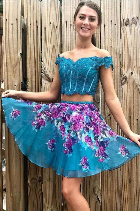 Two Piece Turquoise Off Shoulder Beading Lace Floral Homecoming Dresses - Prom Dresses