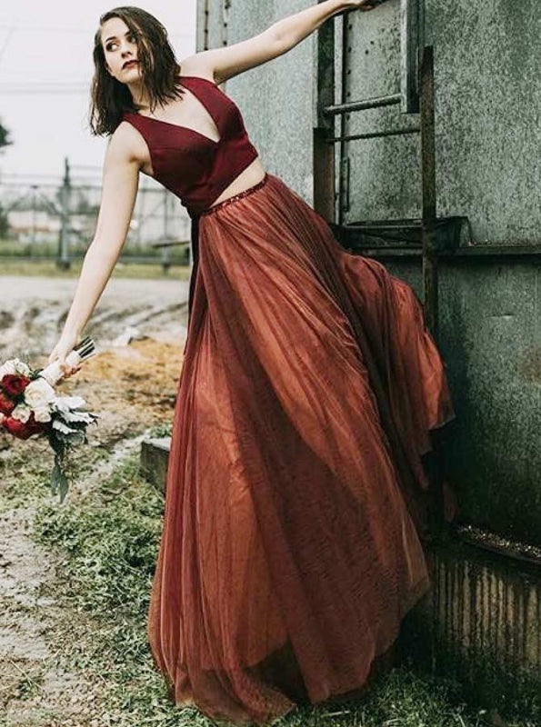 Two Piece V-Neck Dark Red Tulle Bridesmaid Dress - Bridesmaid Dresses