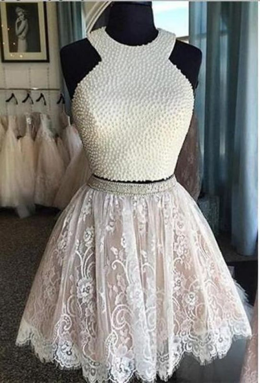 Two Piece White Lace Homecoming with Pearls Mini Dresses Short Prom Dress - Prom Dresses