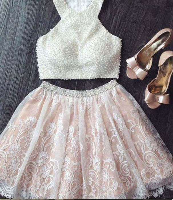 Two Piece White Lace Homecoming with Pearls Mini Dresses Short Prom Dress - Prom Dresses