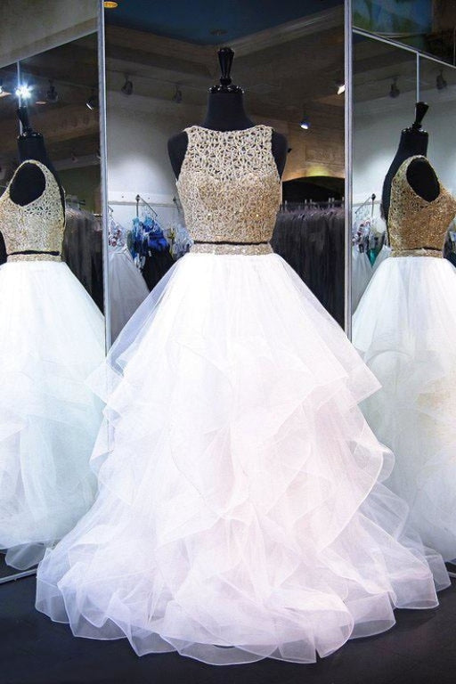 Two Piece White Shiny Ruffles Sleeveless Floor Length Prom Gown with Gold Top - Prom Dresses