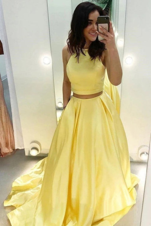 Two Piece Yellow Satin Formal Evening Dress Simple Long Prom Dresses - Prom Dresses