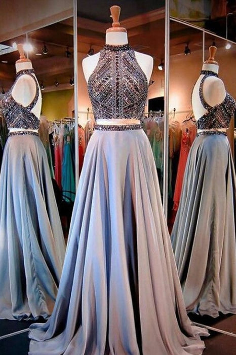 Two Pieces A-line Sparkle High Neck Beading Long Prom/Evening Dress - Prom Dresses