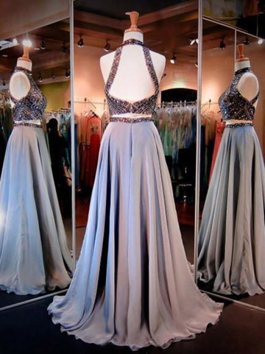 Two Pieces A-line Sparkle High Neck Beading Long Prom/Evening Dress - Prom Dresses