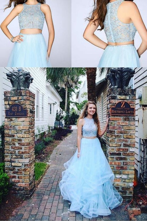 Two Pieces Blue Lace Round Neck Sleeveless A-line For Teens Prom Gown Dresses - Prom Dresses