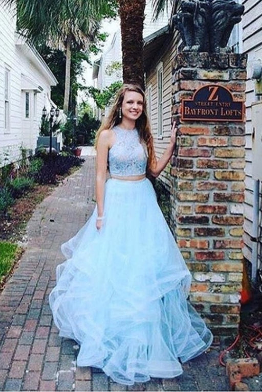 Two Pieces Blue Lace Round Neck Sleeveless A-line For Teens Prom Gown Dresses - Prom Dresses