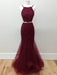 Two Pieces Halter Neck Mermaid Tulle Maroon Prom Dresses with Beadings, Maroon Formal Dresses, Evening Dresses