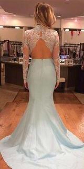 Two Pieces High Neck Long Sleeve Lace Prom Dresses Sexy Mermaid Evening Dress - Prom Dresses